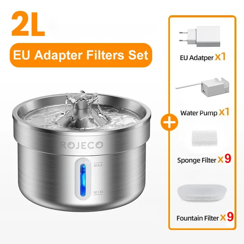 ROJECO Fontaine à eau automatique en acier inoxydable pour animaux de compagnie, distributeur d'eau intelligent pour chats et chiens 9