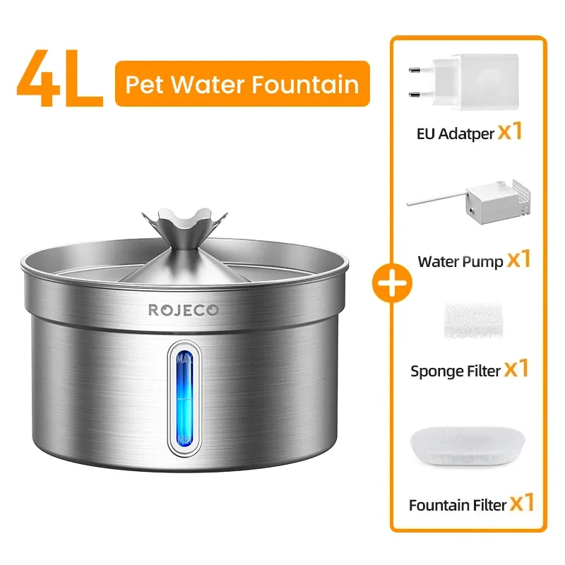 ROJECO Fontaine à eau automatique en acier inoxydable pour animaux de compagnie, distributeur d'eau intelligent pour chats et chiens 12