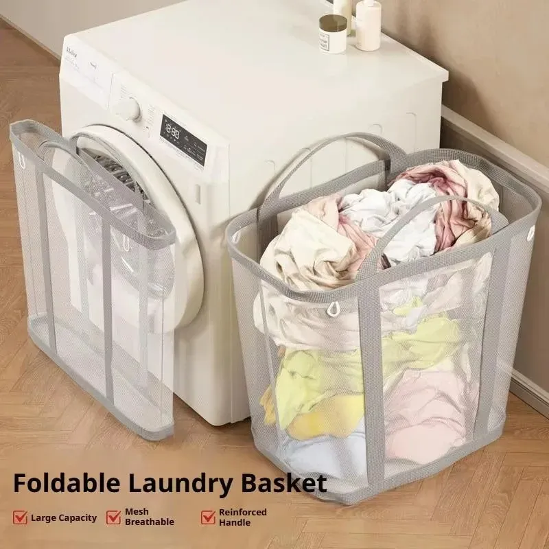 Panier à linge pliable en maille de nylon à poignée, grande capacité 5
