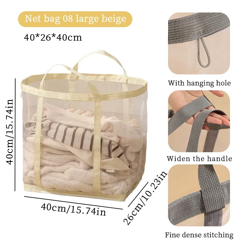 Panier à linge pliable en maille de nylon à poignée, grande capacité 9