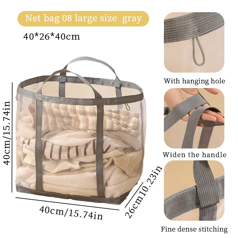 Panier à linge pliable en maille de nylon à poignée, grande capacité 10