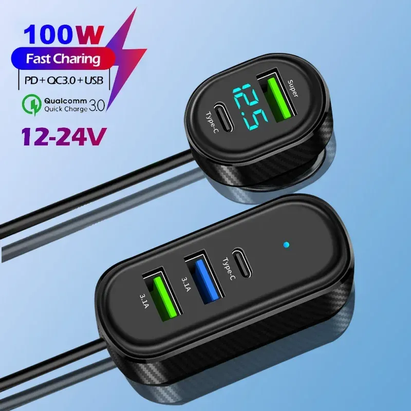 Chargeur de voiture 5 en 1 12 V–24 V, 100 W max, charge rapide 66 W, double USB et USB-C avec affichage de la tension, câble 150 cm compatible iPhone et Android 1