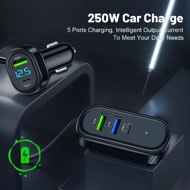 Chargeur de voiture 5 en 1 12 V–24 V, 100 W max, charge rapide 66 W, double USB et USB-C avec affichage de la tension, câble 150 cm compatible iPhone et Android 2