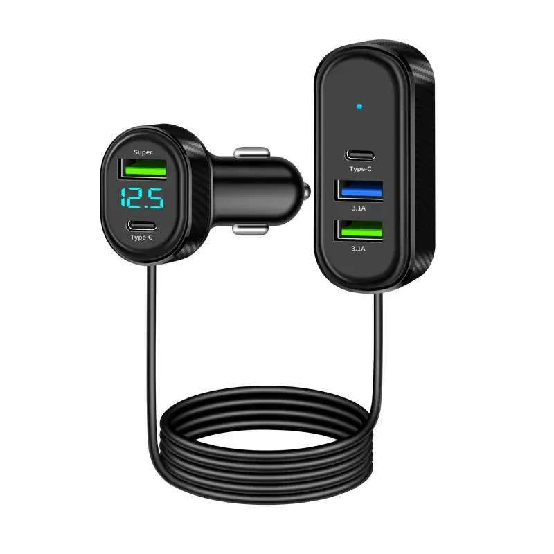 Chargeur de voiture 5 en 1 12 V–24 V, 100 W max, charge rapide 66 W, double USB et USB-C avec affichage de la tension, câble 150 cm compatible iPhone et Android 7