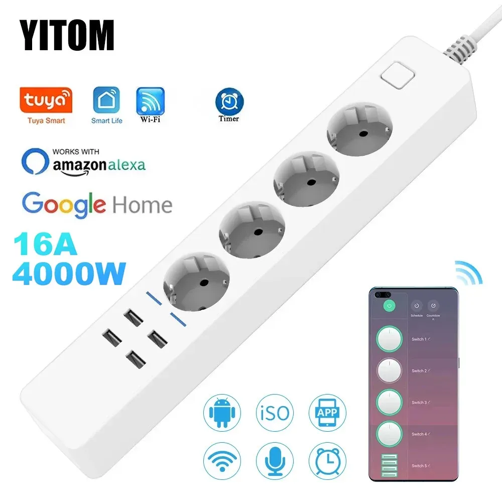 Multiprise connectée Wi-Fi 4 prises UE et 4 ports USB, compatible Alexa, Google Home et Assistant - Image 1