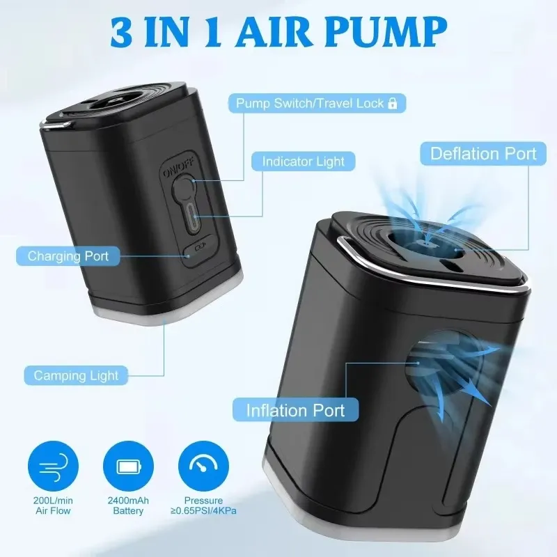 Pompe à air portable sans fil et rechargeable pour matelas de camping et de randonnée, avec fonction dégonflage 2