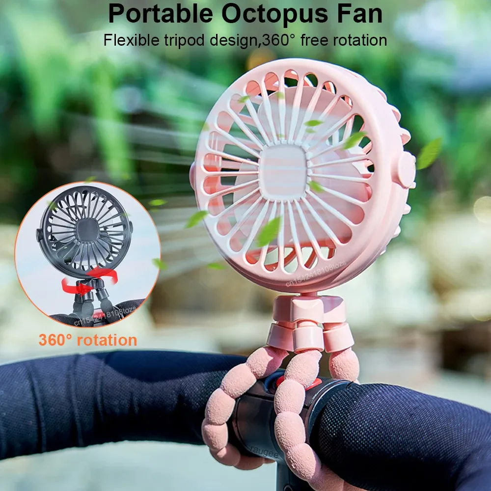 Ventilateur portable à pince rechargeable par USB, rotation à 360°, idéal pour poussette et extérieur 2