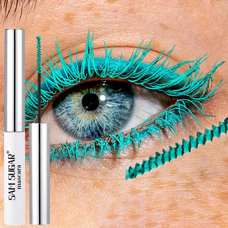 Mascara coloré à brosse fine, effet recourbant, allongeant et volumisant, imperméable, coloris bleu, vert et naturel 2