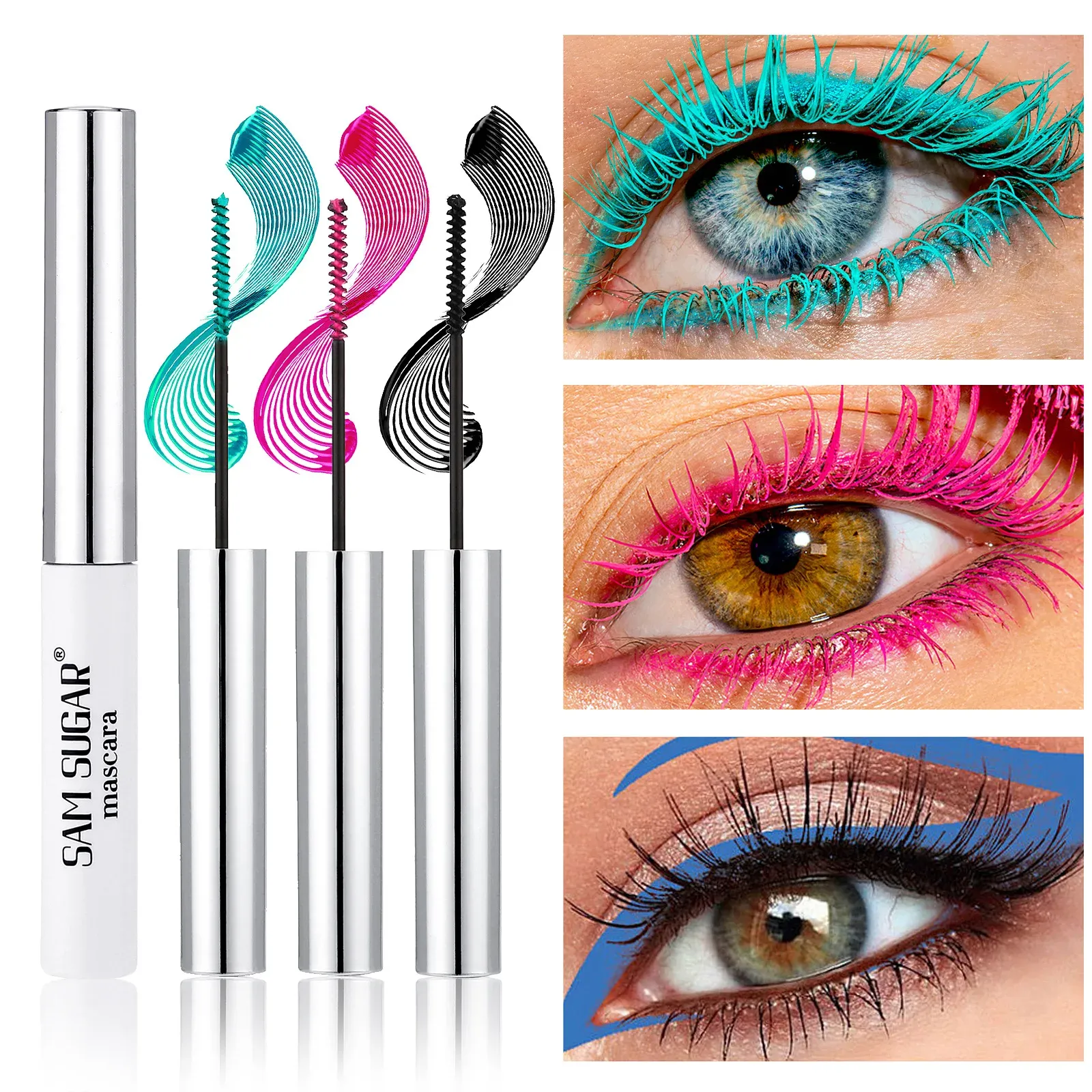 Mascara coloré à brosse fine, effet recourbant, allongeant et volumisant, imperméable, coloris bleu, vert et naturel 5