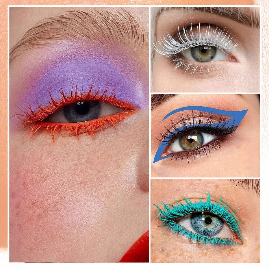 Mascara coloré à brosse fine, effet recourbant, allongeant et volumisant, imperméable, coloris bleu, vert et naturel 6