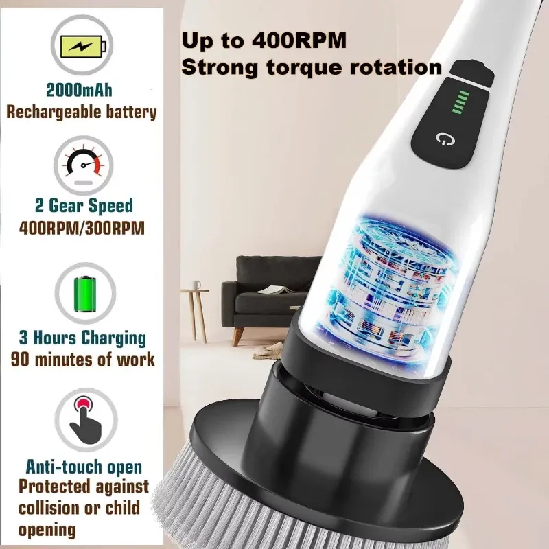 Brosse de nettoyage électrique polyvalente sans fil à rotation, pour cuisine, salle de bains, toilettes et surfaces domestiques 3