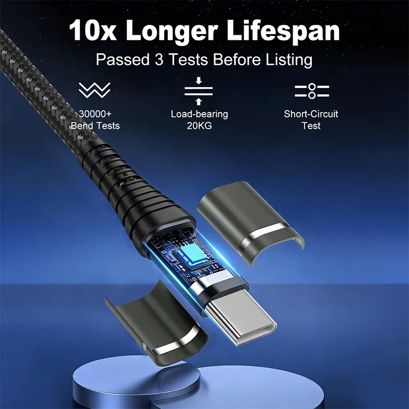 Câble USB-C vers USB-C 100 W à charge rapide pour MacBook, iPad, iPhone 17, Samsung, Xiaomi, Switch – Câble USB-C tressé en nylon 3