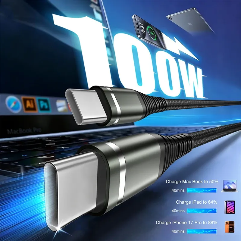 Câble USB-C vers USB-C 100 W à charge rapide pour MacBook, iPad, iPhone 17, Samsung, Xiaomi, Switch – Câble USB-C tressé en nylon 2