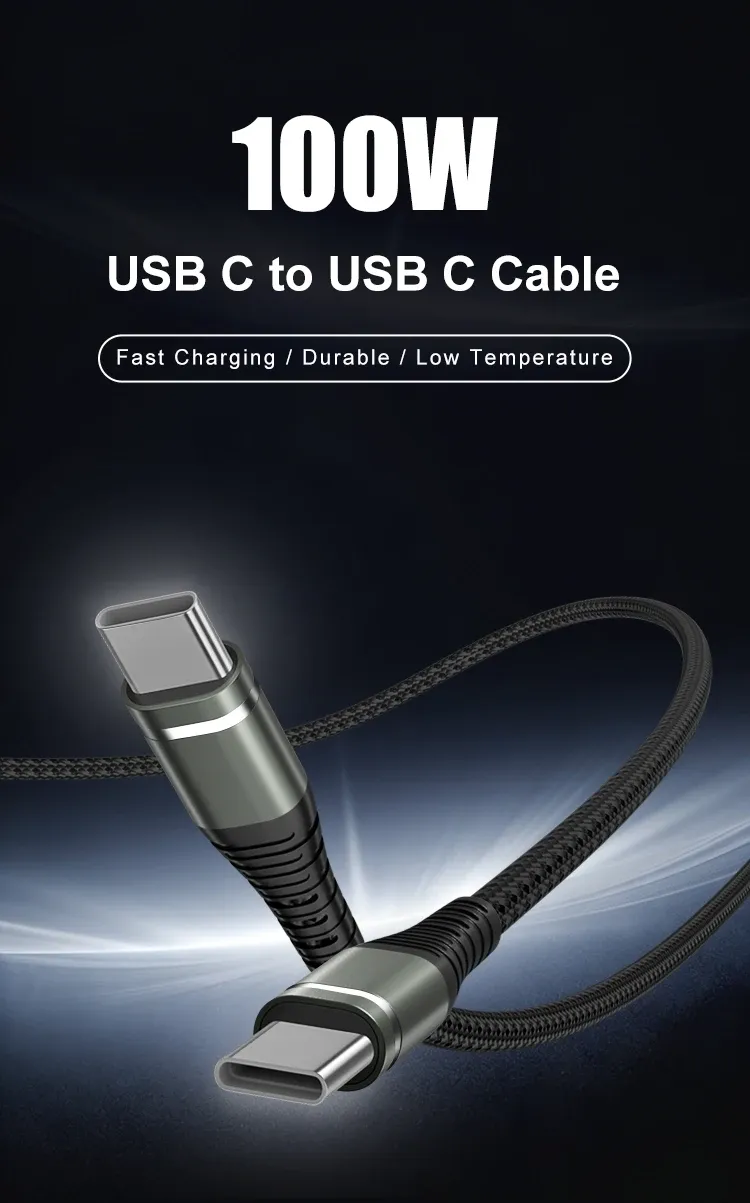 Câble USB-C vers USB-C 100 W tressé en nylon, vue d'ensemble