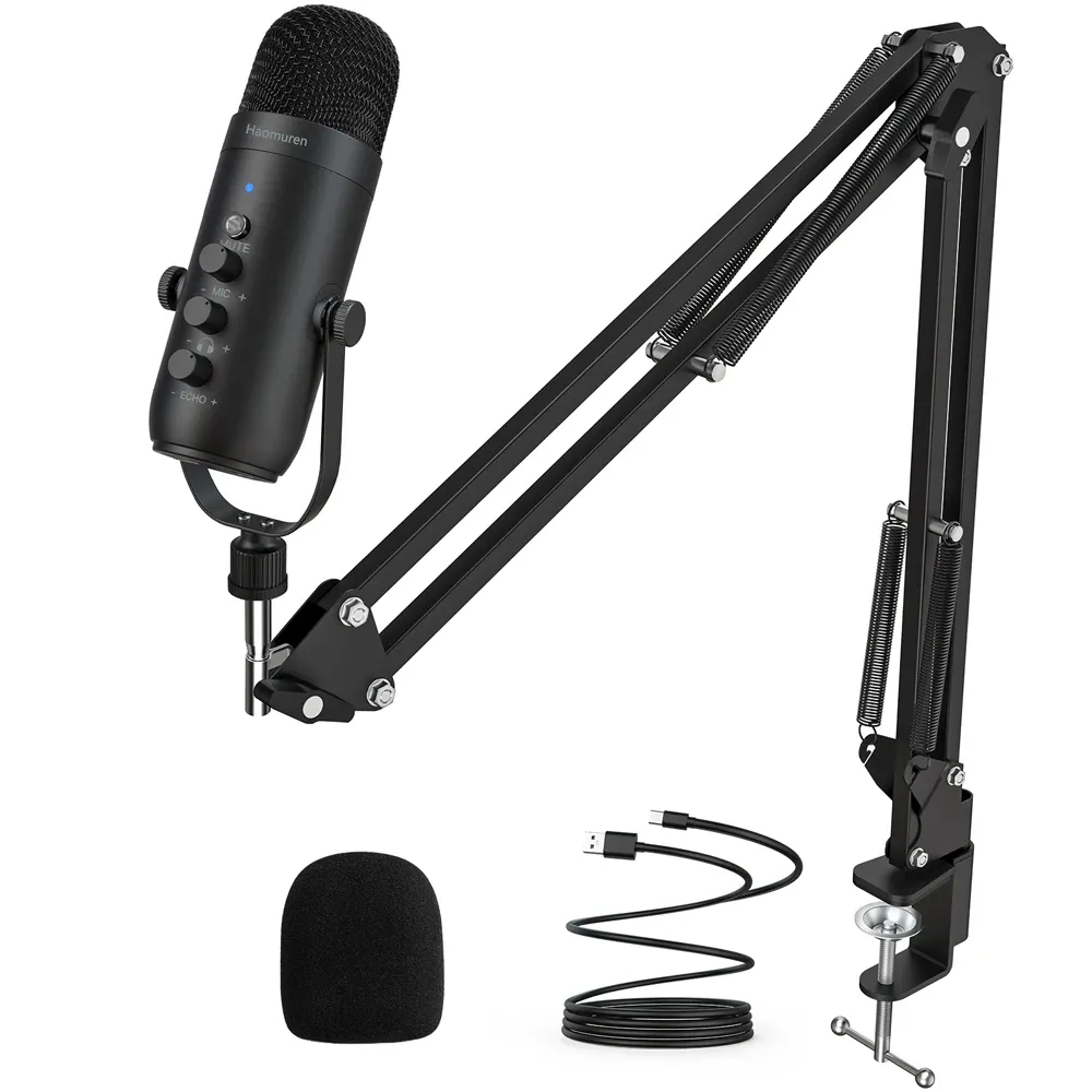 Haomuren Kit de microphone à condensateur cardioïde professionnel USB pour studio et podcast, avec bras HONArm et support statique 1