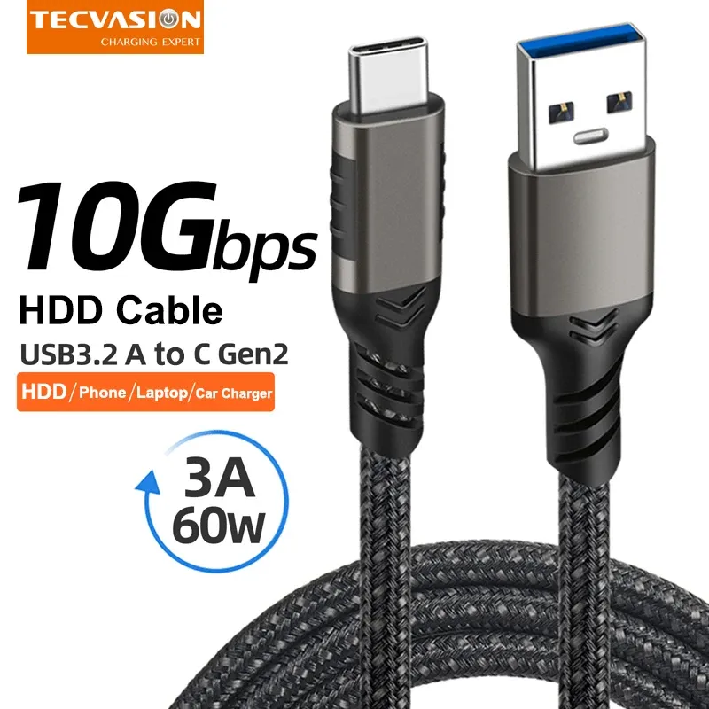 Câble USB 3.2 10 Gbps USB-C vers USB-A, charge rapide 3 A / 60 W, compatible QC 3.0, pour Samsung, disque dur NVMe externe et Android, transfert de données, gaine tressée, 2 m