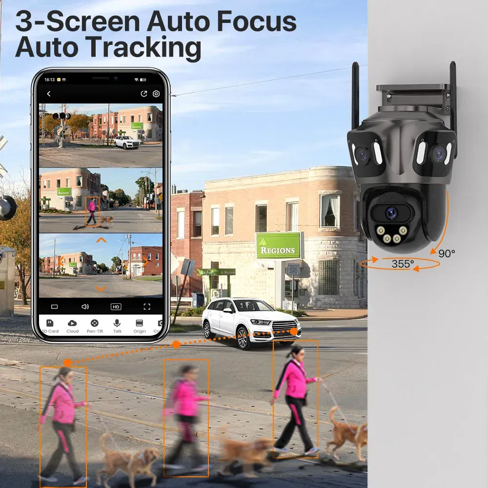 Caméra IP Wi-Fi à trois écrans, caméra d'extérieur 4K à double objectif PTZ, détection humaine par IA, étanche IP66, caméra de surveillance vidéo CCTV ICsee 3