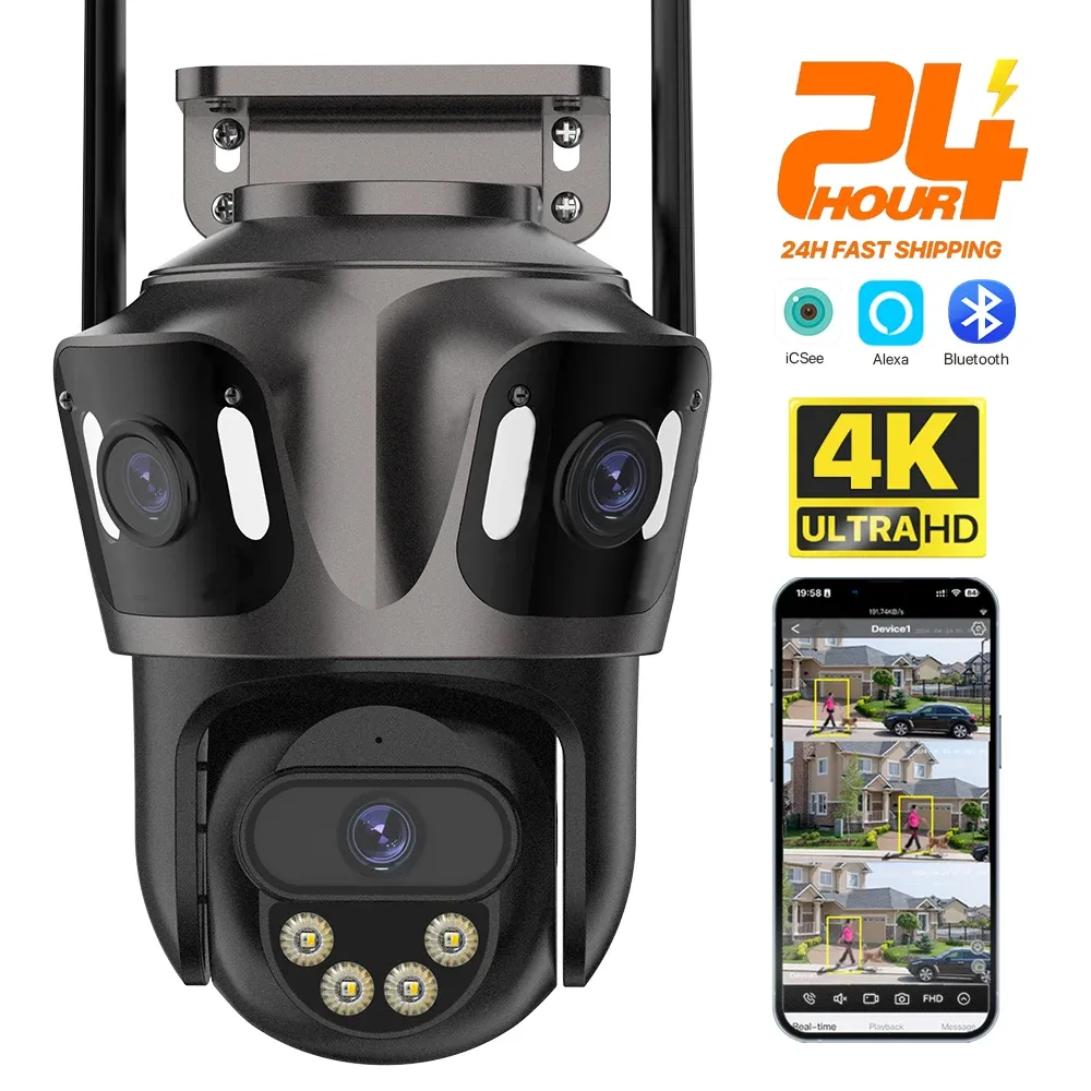 Caméra IP Wi-Fi à trois écrans, caméra d'extérieur 4K à double objectif PTZ, détection humaine par IA, étanche IP66, caméra de surveillance vidéo CCTV ICsee