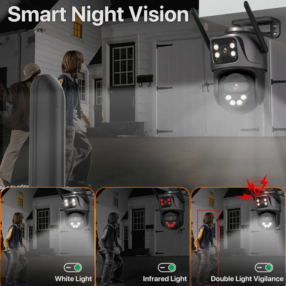 Caméra IP Wi-Fi à trois écrans, caméra d'extérieur 4K à double objectif PTZ, détection humaine par IA, étanche IP66, caméra de surveillance vidéo CCTV ICsee 5
