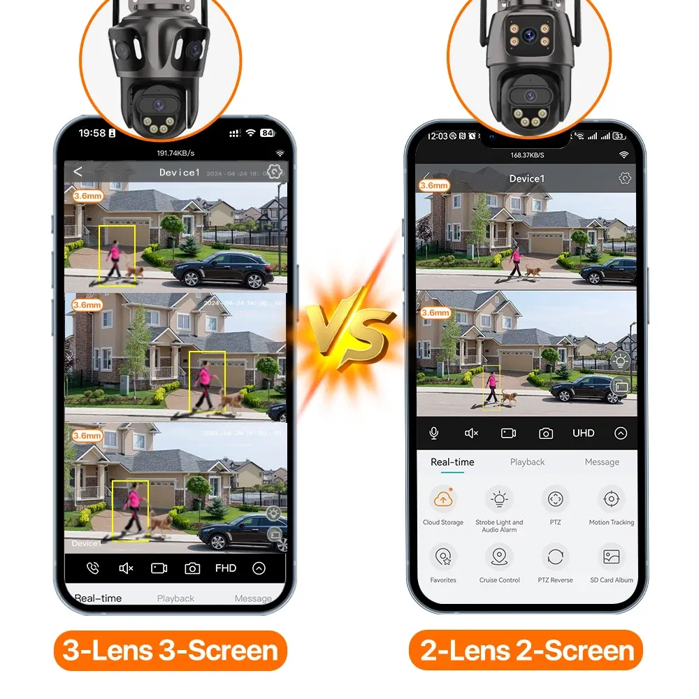 Caméra IP Wi-Fi à trois écrans, caméra d'extérieur 4K à double objectif PTZ, détection humaine par IA, étanche IP66, caméra de surveillance vidéo CCTV ICsee 6