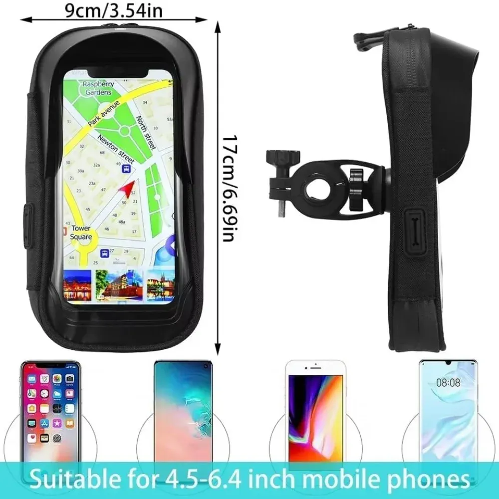 Support de téléphone pour vélo avec sac de guidon rotatif 360° à écran tactile, fermeture éclair, pare-soleil et housse de pluie imperméable pour moto, scooter et cyclomoteur 5