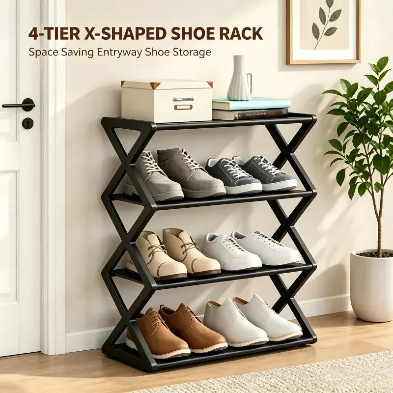 Étagère à chaussures 4 niveaux en X, gain de place, montage facile, rangement domestique, organisateur de chaussures simple pour entrée et salon