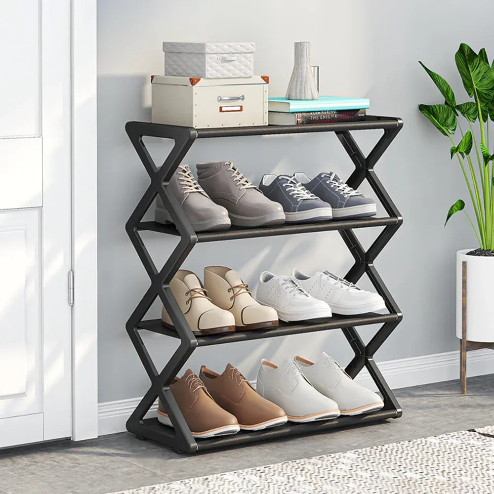 Étagère à chaussures 4 niveaux en X, gain de place, montage facile, rangement domestique, organisateur de chaussures simple pour entrée et salon 7