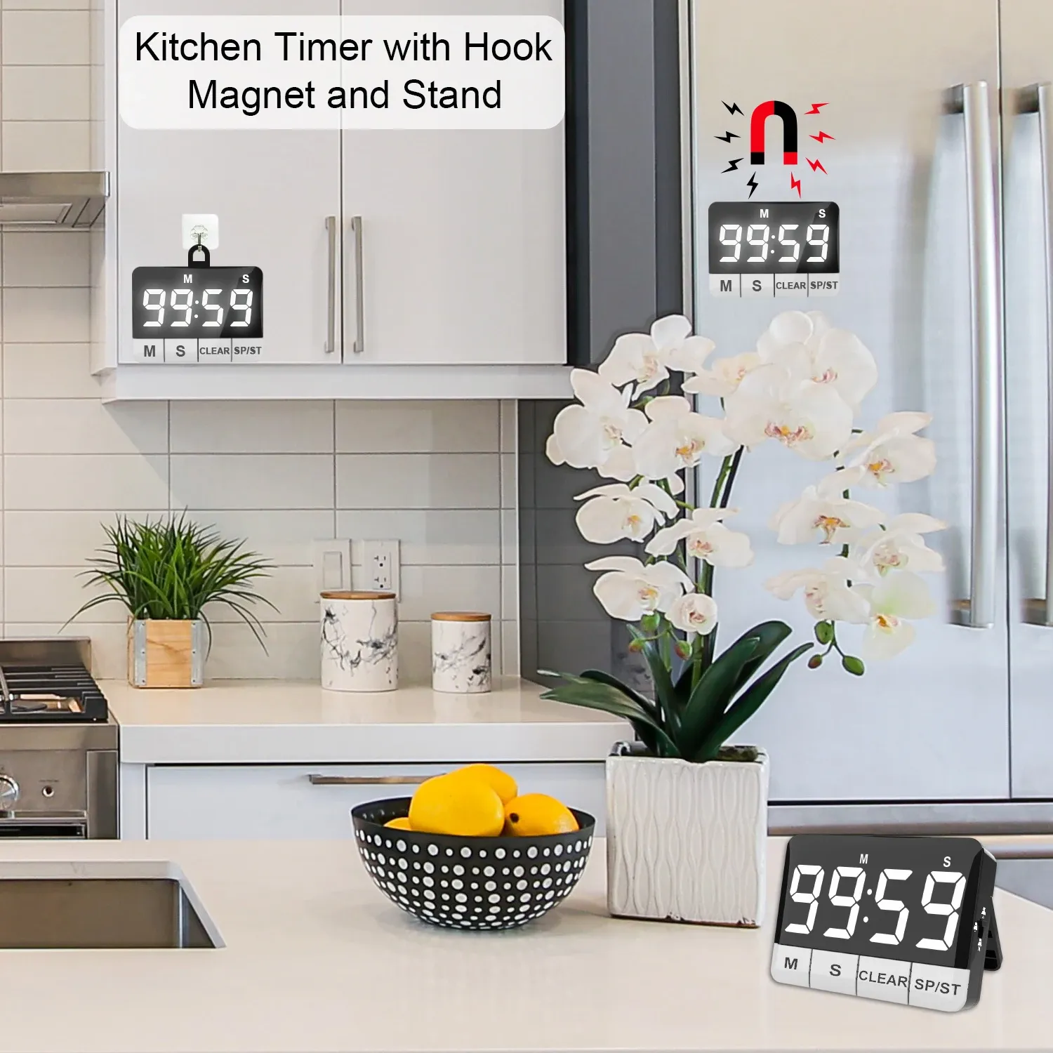 Minuteur de cuisine numérique, écran LED grand format, à aimant 2