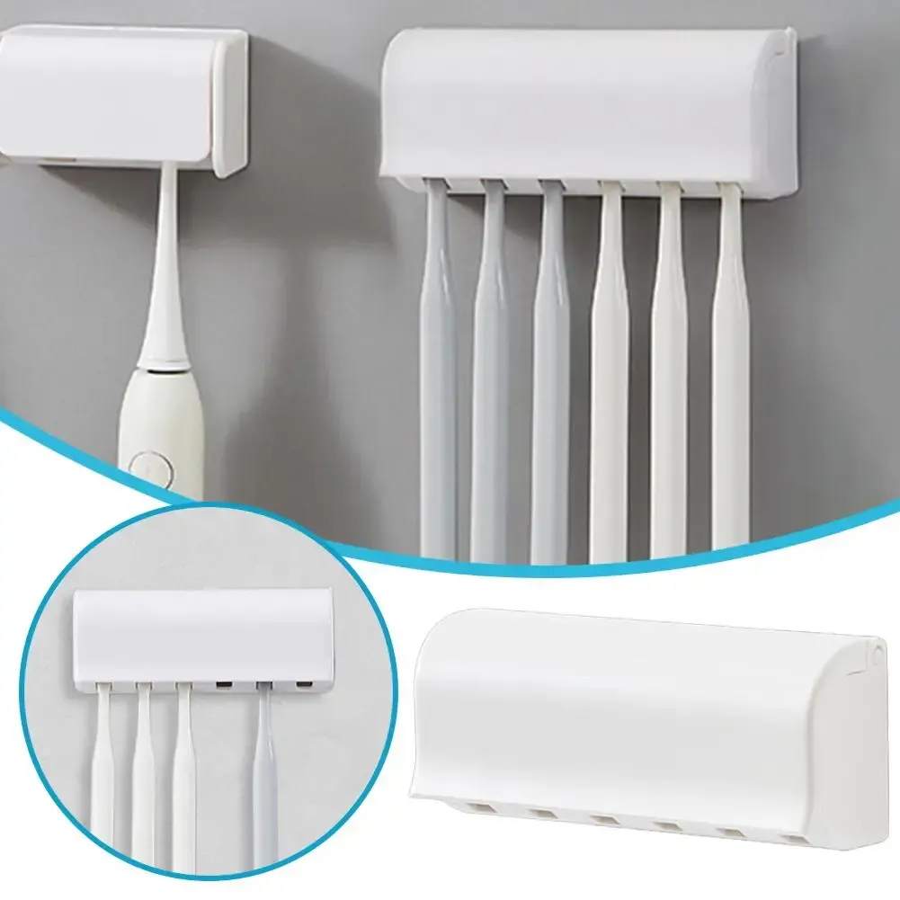 Porte-brosses à dents mural avec couvercle anti-poussière, auto-adhésif, 6 fentes