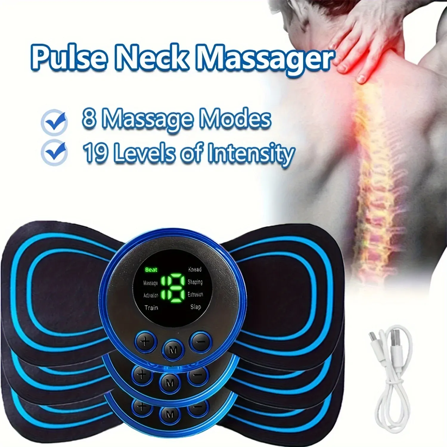 Masseur électrique musculaire 2/3/4 pièces, machine de massage du cou EMS, 8 modes, 19 niveaux d'intensité, vibrateur, appareil de thérapie 2