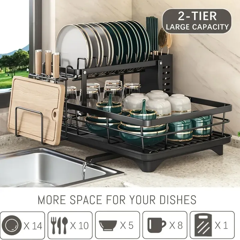 Égouttoir à vaisselle 2 niveaux, grand format, durable et antirouille, pour plan de travail de cuisine 3