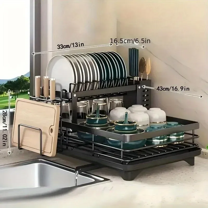 Égouttoir à vaisselle 2 niveaux, grand format, durable et antirouille, pour plan de travail de cuisine 1