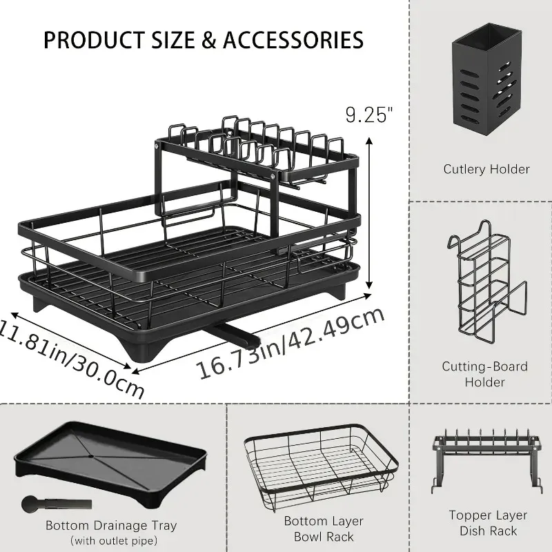 Égouttoir à vaisselle 2 niveaux, grand format, durable et antirouille, pour plan de travail de cuisine 5
