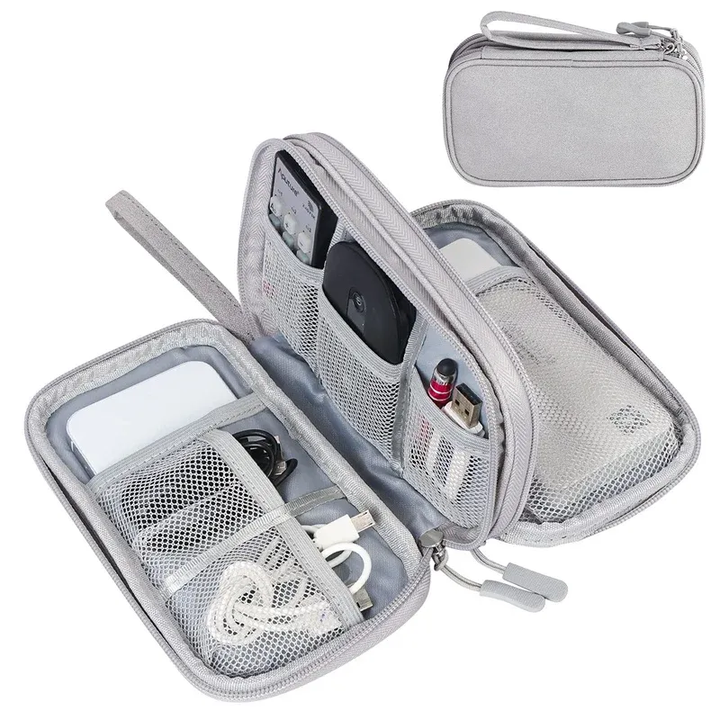 Sac de rangement portable à double couche pour câbles de données, cordons et chargeurs USB