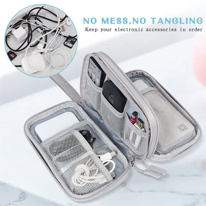 Sac de rangement portable à double couche pour câbles de données, cordons et chargeurs USB 5