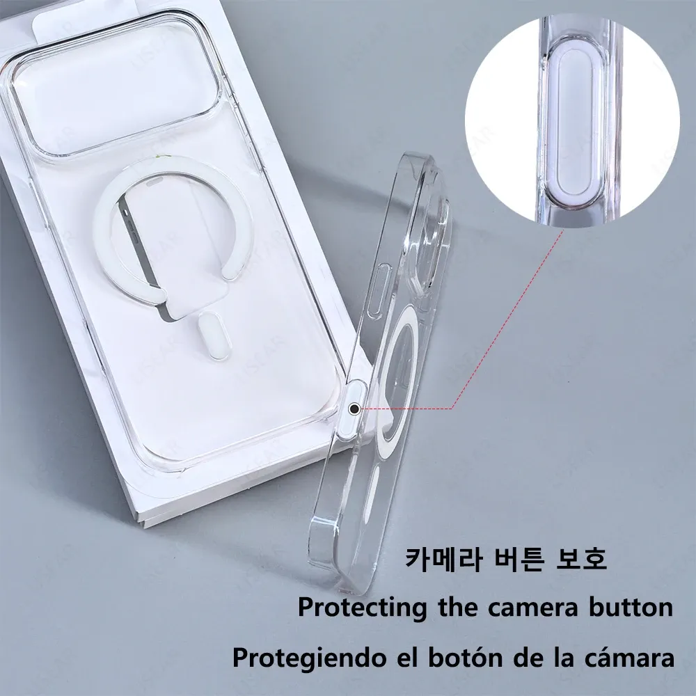 Coque transparente compatible MagSafe pour iPhone 12 à 18 (Mini, Pro, Pro Max), avec bouton tactile de caméra et charge sans fil 2