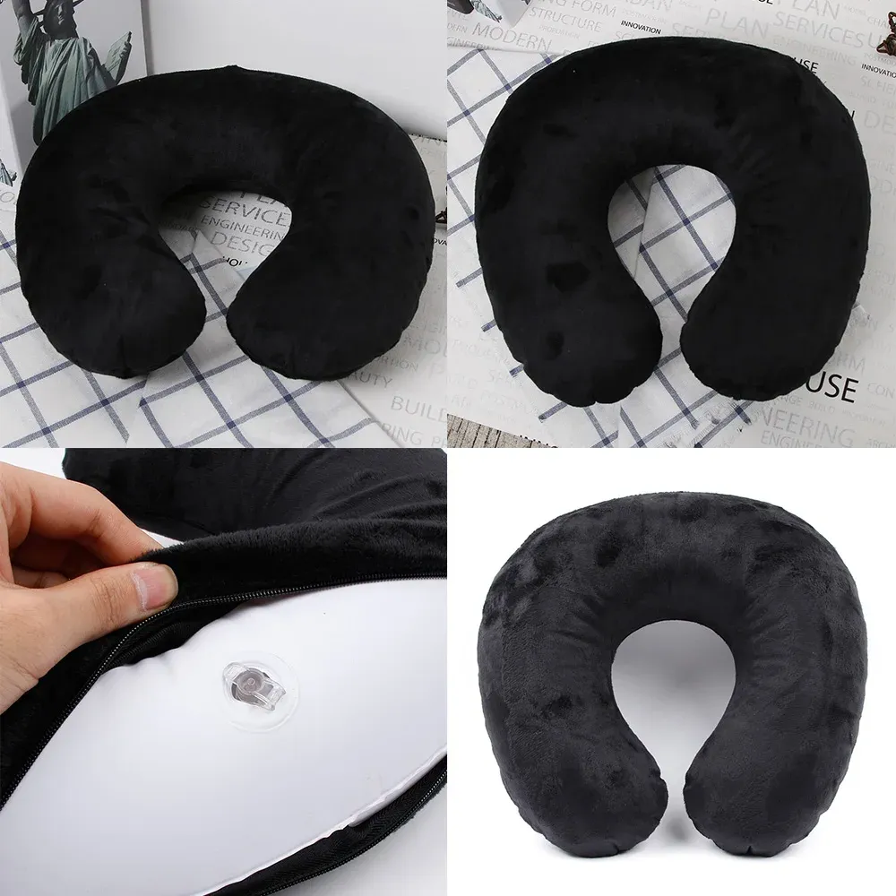 Oreiller de voyage gonflable en forme de U à housse en peluche floquée 2