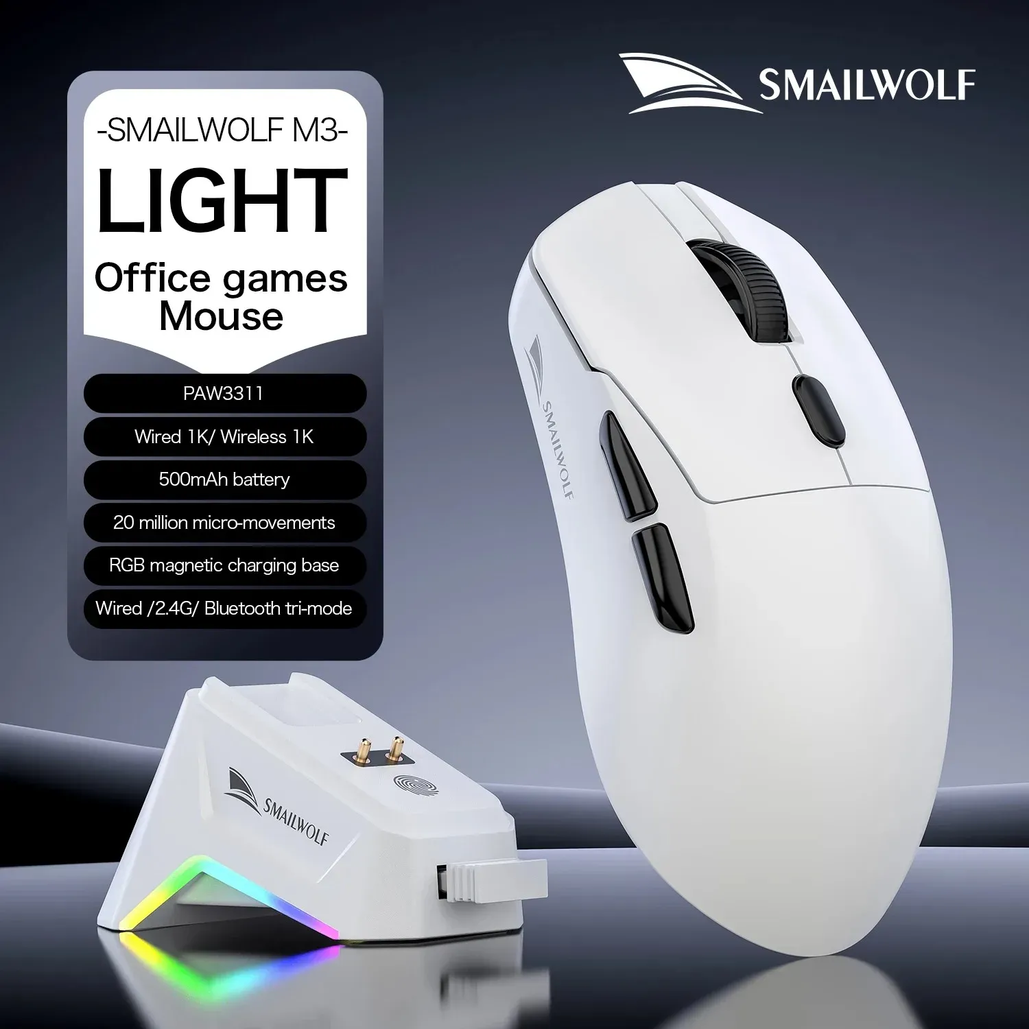 SMAILWOLF M3 Souris de jeu ergonomique tri-mode, capteur optique PAW3311 12 000 DPI, 1000 Hz, conception légère pour PC et ordinateur portable - Image 1
