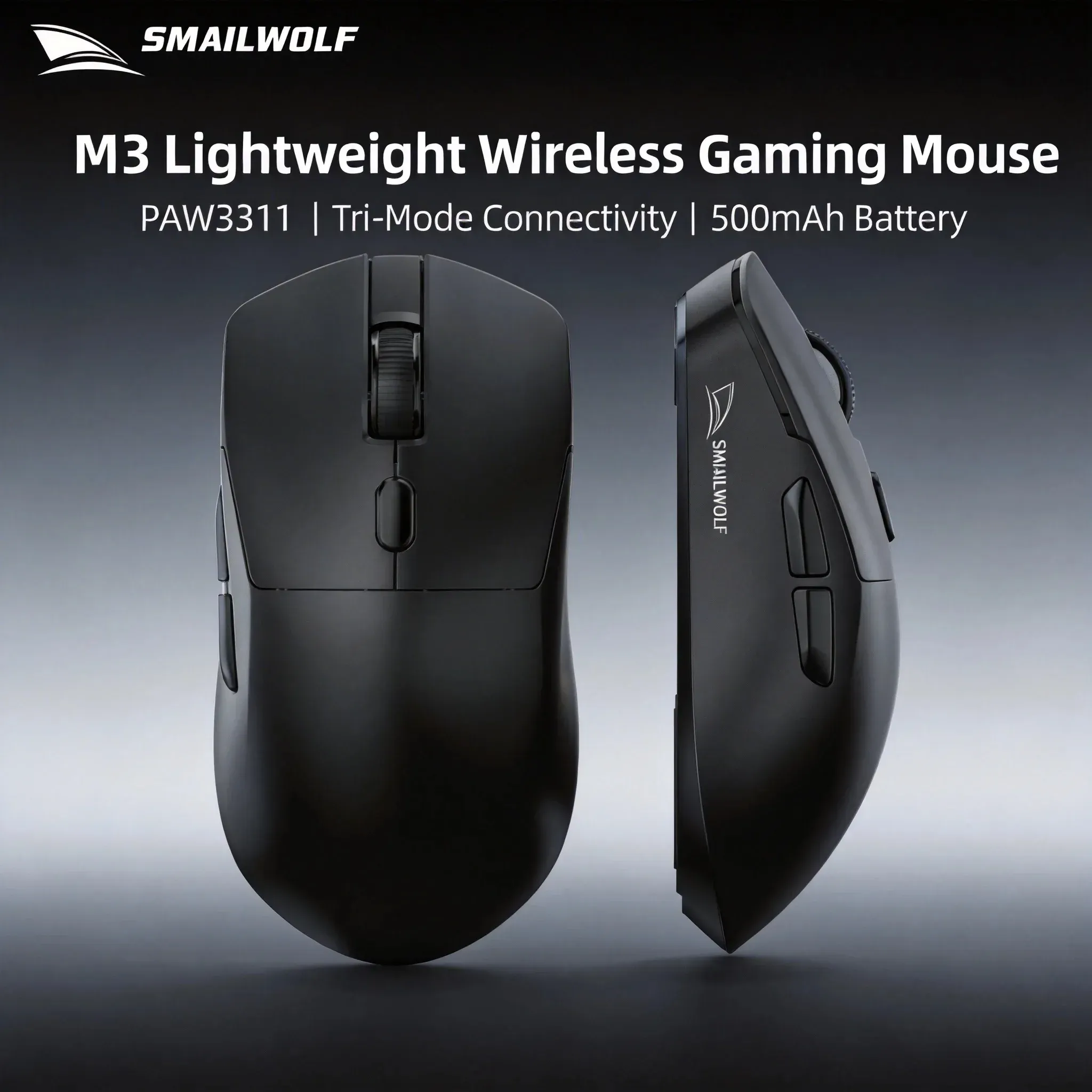 SMAILWOLF M3 Souris de jeu ergonomique tri-mode, capteur optique PAW3311 12 000 DPI, 1000 Hz, conception légère pour PC et ordinateur portable 2