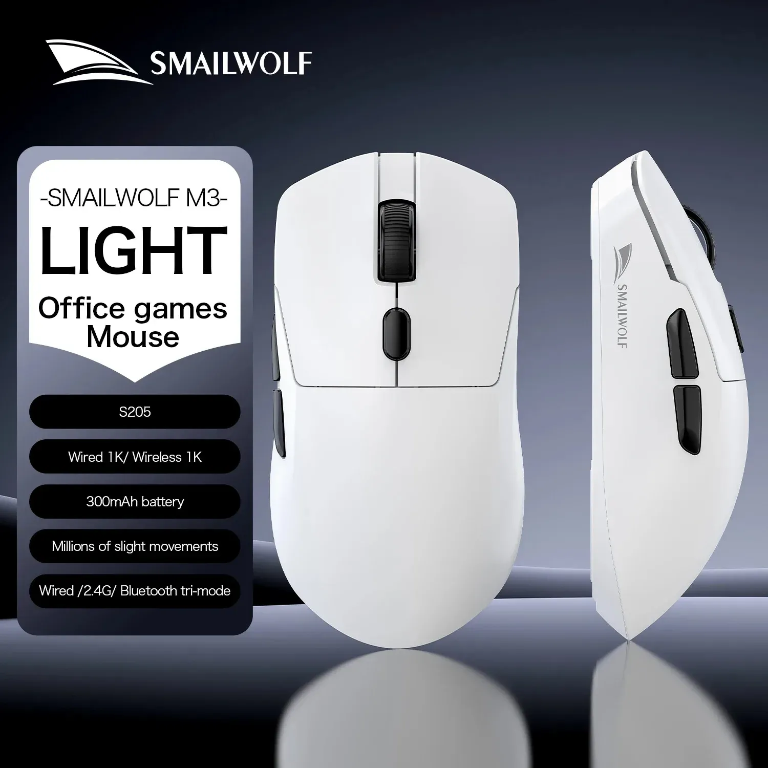 SMAILWOLF M3 Souris de jeu ergonomique tri-mode, capteur optique PAW3311 12 000 DPI, 1000 Hz, conception légère pour PC et ordinateur portable 10