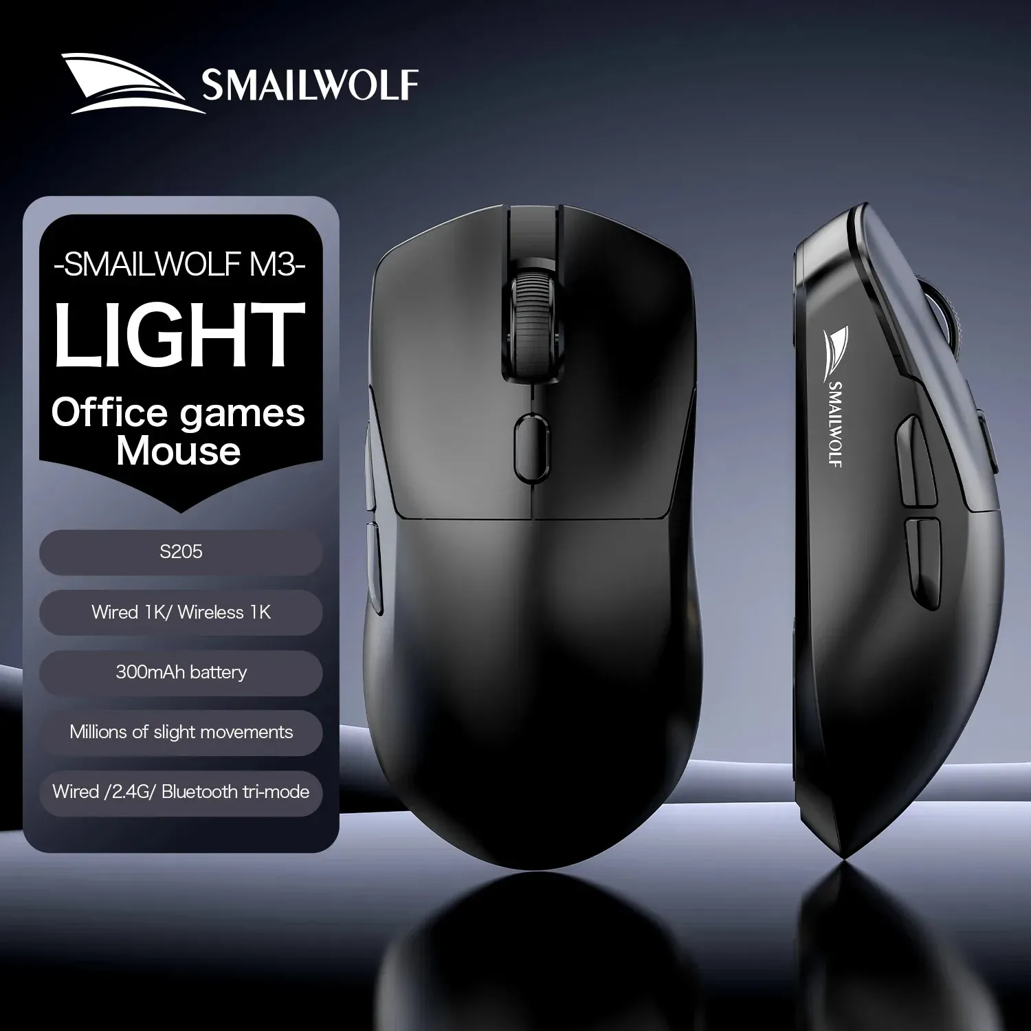 SMAILWOLF M3 Souris de jeu ergonomique tri-mode, capteur optique PAW3311 12 000 DPI, 1000 Hz, conception légère pour PC et ordinateur portable 9