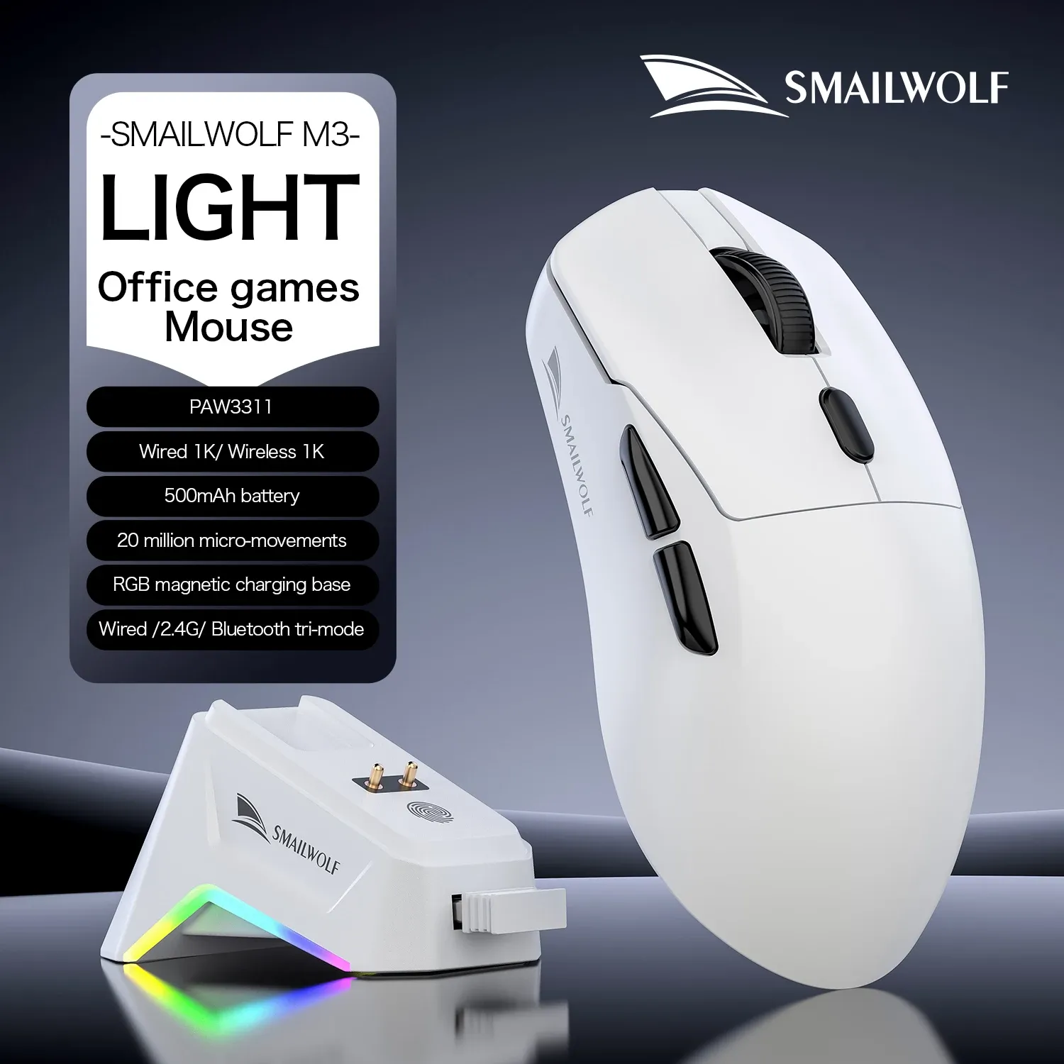SMAILWOLF M3 Souris de jeu ergonomique tri-mode, capteur optique PAW3311 12 000 DPI, 1000 Hz, conception légère pour PC et ordinateur portable 7