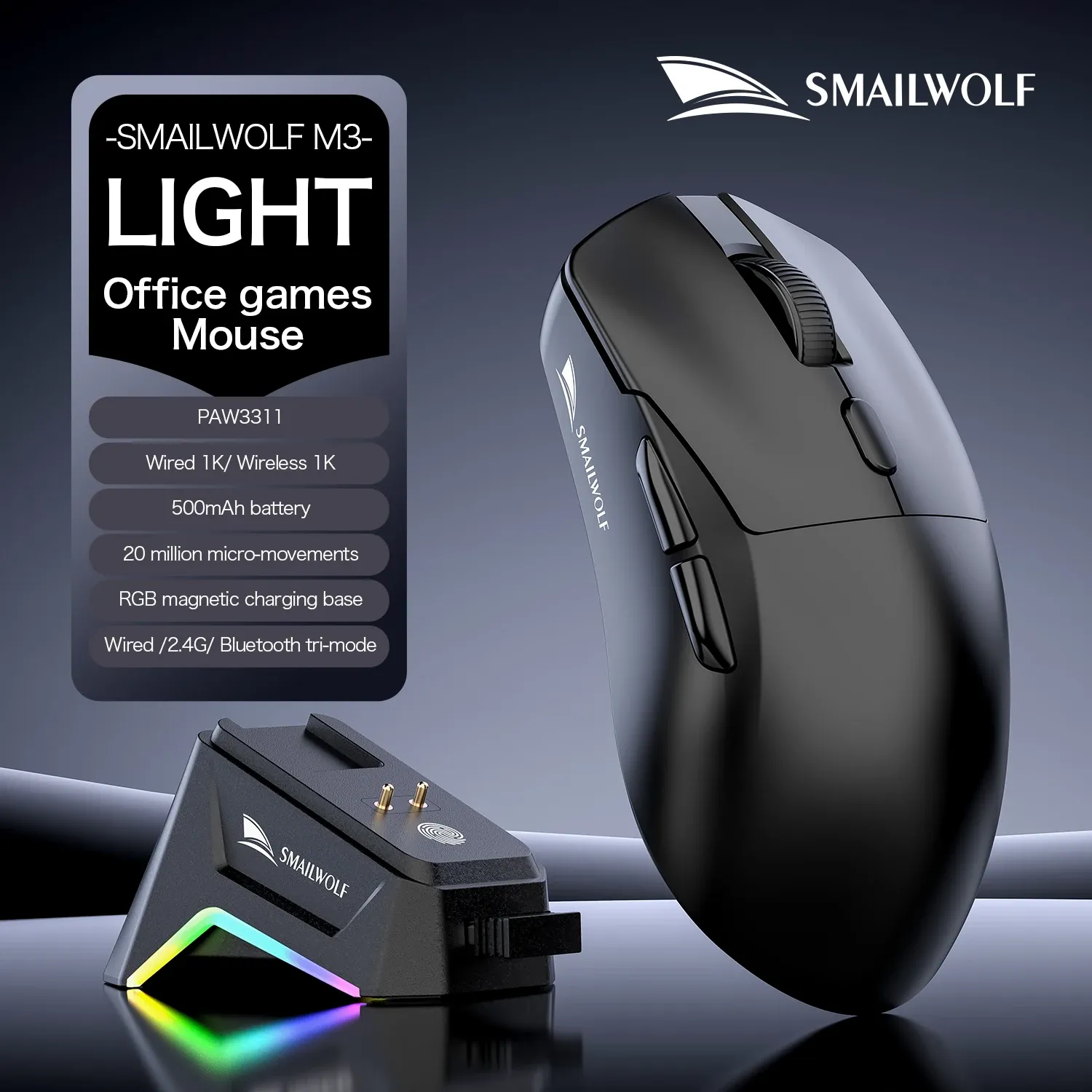 SMAILWOLF M3 Souris de jeu ergonomique tri-mode, capteur optique PAW3311 12 000 DPI, 1000 Hz, conception légère pour PC et ordinateur portable 8