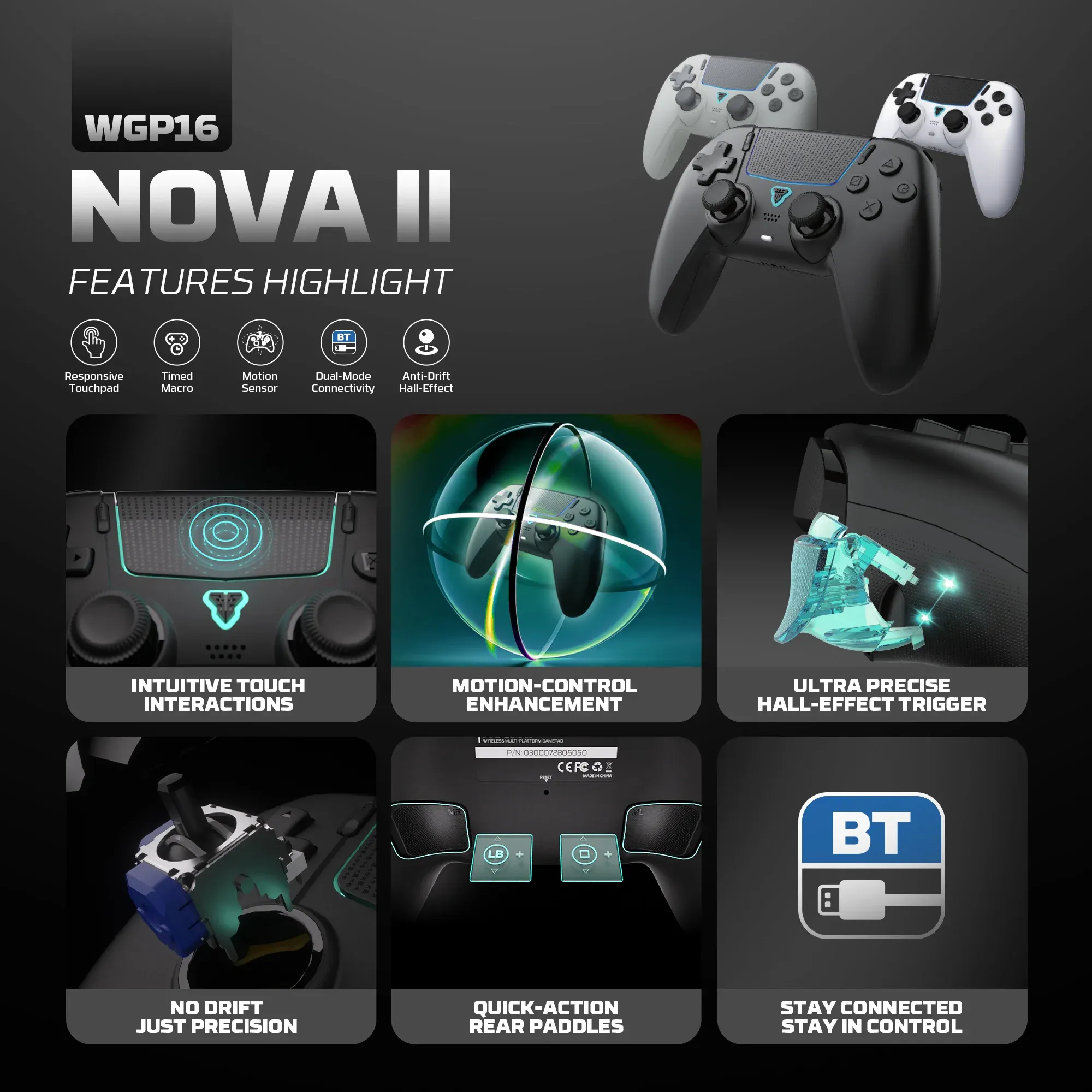 FANTECH NOVA II WGP16 Manette de jeu sans fil avec capteur gyroscopique, joysticks à effet Hall et gâchettes à effet Hall, compatible PS4, NS2 et PC, contrôleur filaire pour gamers 2