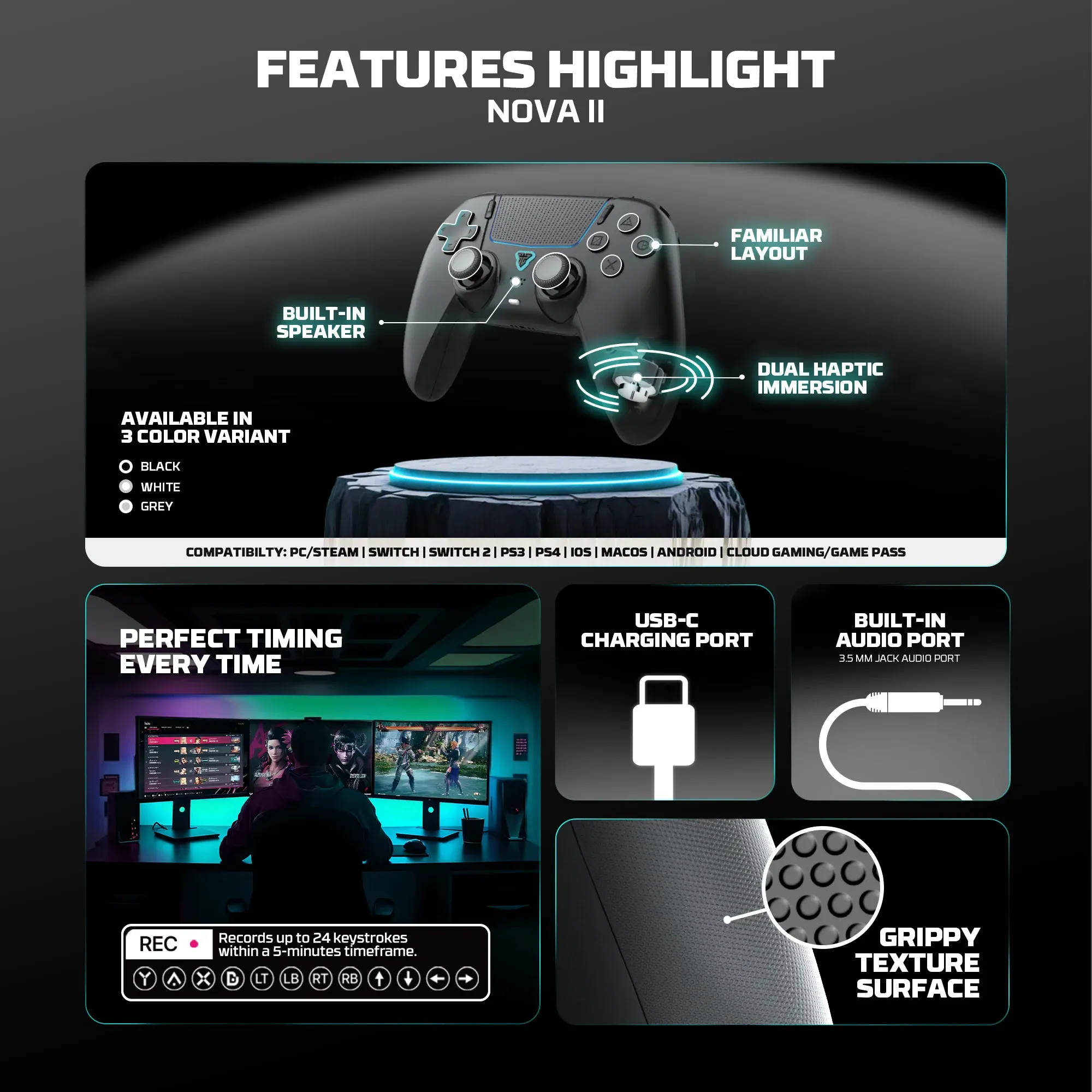 FANTECH NOVA II WGP16 Manette de jeu sans fil avec capteur gyroscopique, joysticks à effet Hall et gâchettes à effet Hall, compatible PS4, NS2 et PC, contrôleur filaire pour gamers 3
