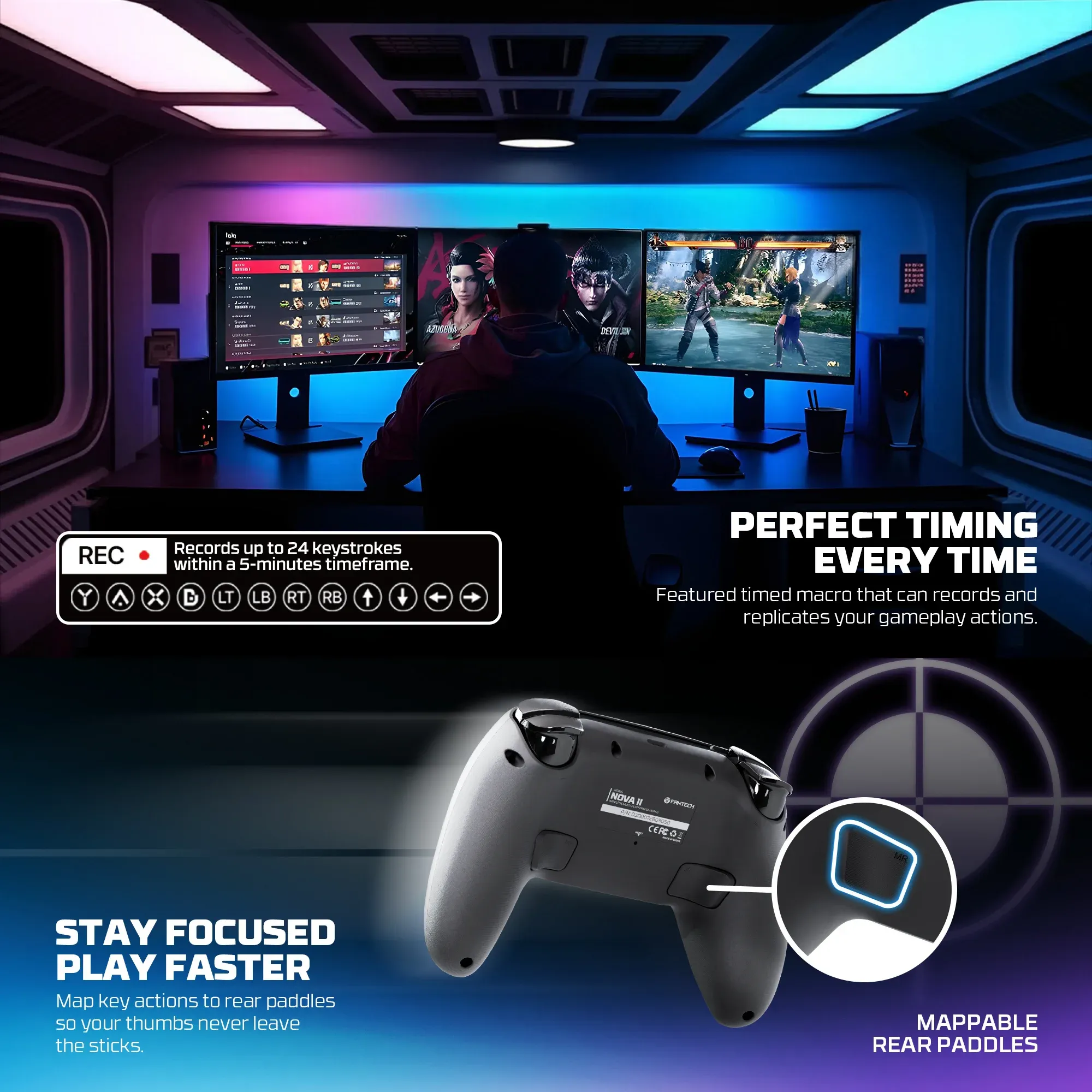 FANTECH NOVA II WGP16 Manette de jeu sans fil avec capteur gyroscopique, joysticks à effet Hall et gâchettes à effet Hall, compatible PS4, NS2 et PC, contrôleur filaire pour gamers 5