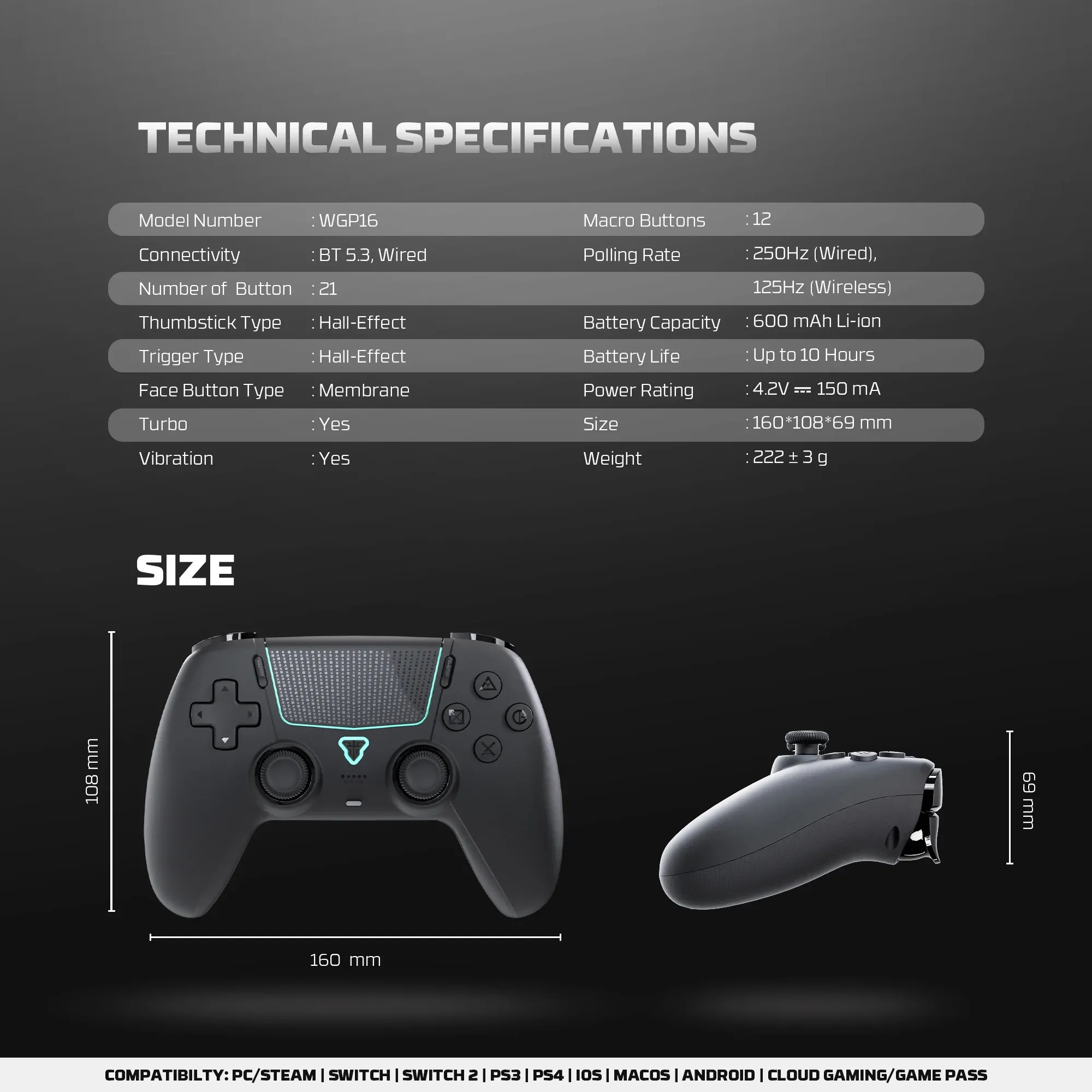 FANTECH NOVA II WGP16 Manette de jeu sans fil avec capteur gyroscopique, joysticks à effet Hall et gâchettes à effet Hall, compatible PS4, NS2 et PC, contrôleur filaire pour gamers 6