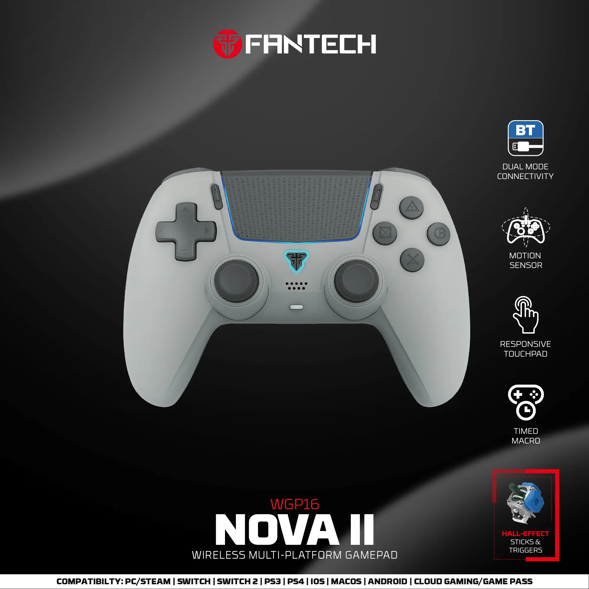 FANTECH NOVA II WGP16 Manette de jeu sans fil avec capteur gyroscopique, joysticks à effet Hall et gâchettes à effet Hall, compatible PS4, NS2 et PC, contrôleur filaire pour gamers 8