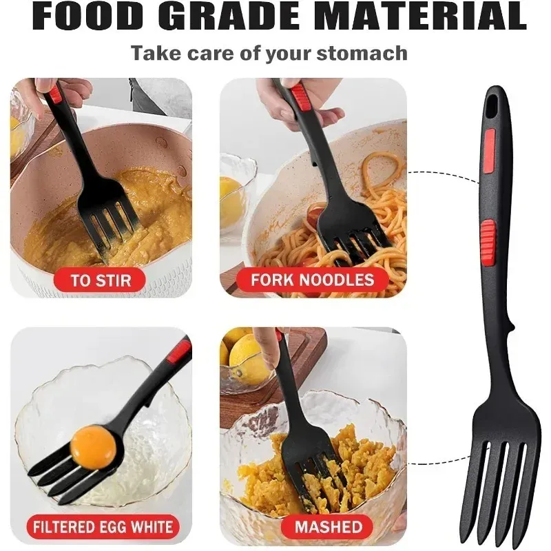 Ustensiles de cuisine souples en silicone multifonctions, set de service : spaghetti, fourchette, pince à salade, fouet 3