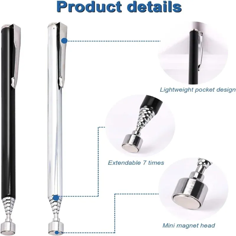 Stylo magnétique télescopique portable argenté, mini outil de ramassage magnétique à tige réglable 2